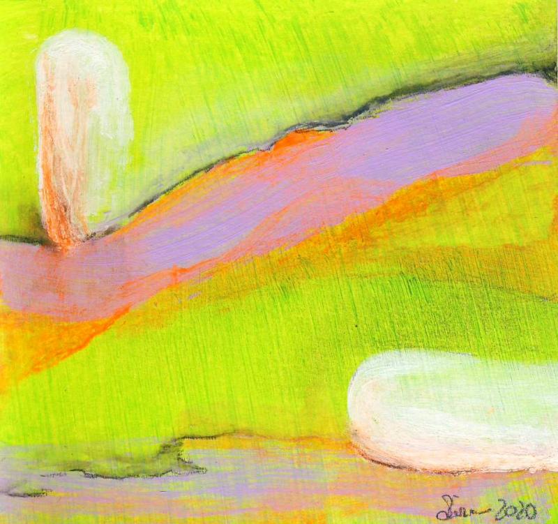 © Miriam Eva Hofmann, Phantasm landscape #8, Acryl auf Papier, 2020, ca.8x8cm